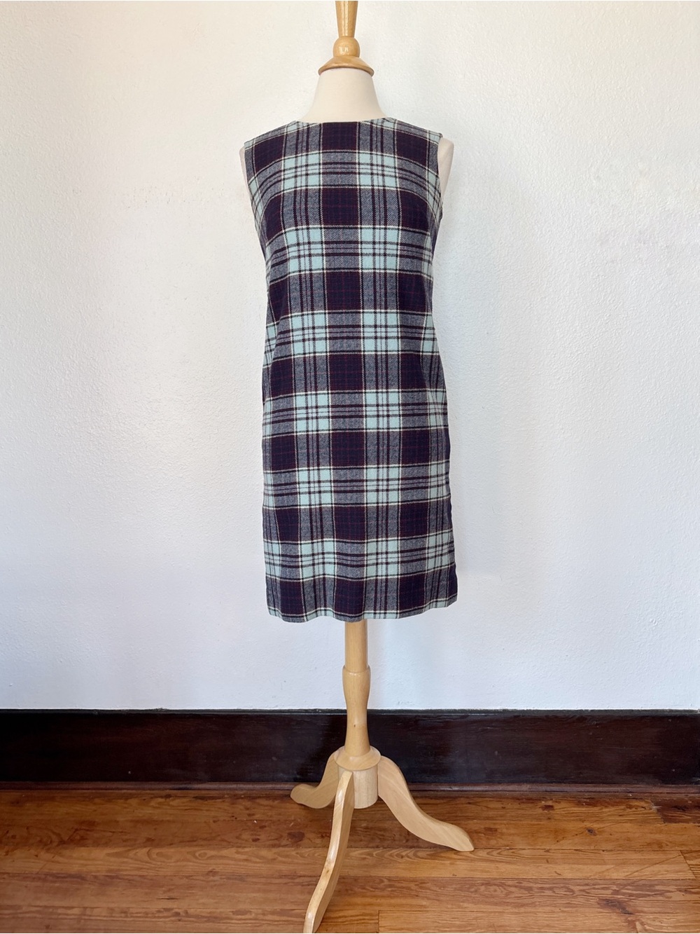Vintage 60s Blue Plaid Sleeveless Virgin Wool Pinafore Dress